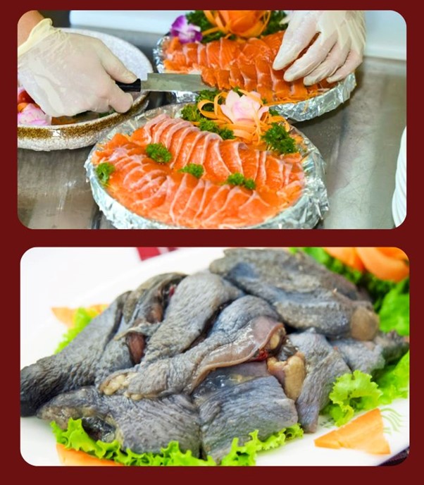 Cá hồi Sashimi và Gà đen H’mông rang muối
